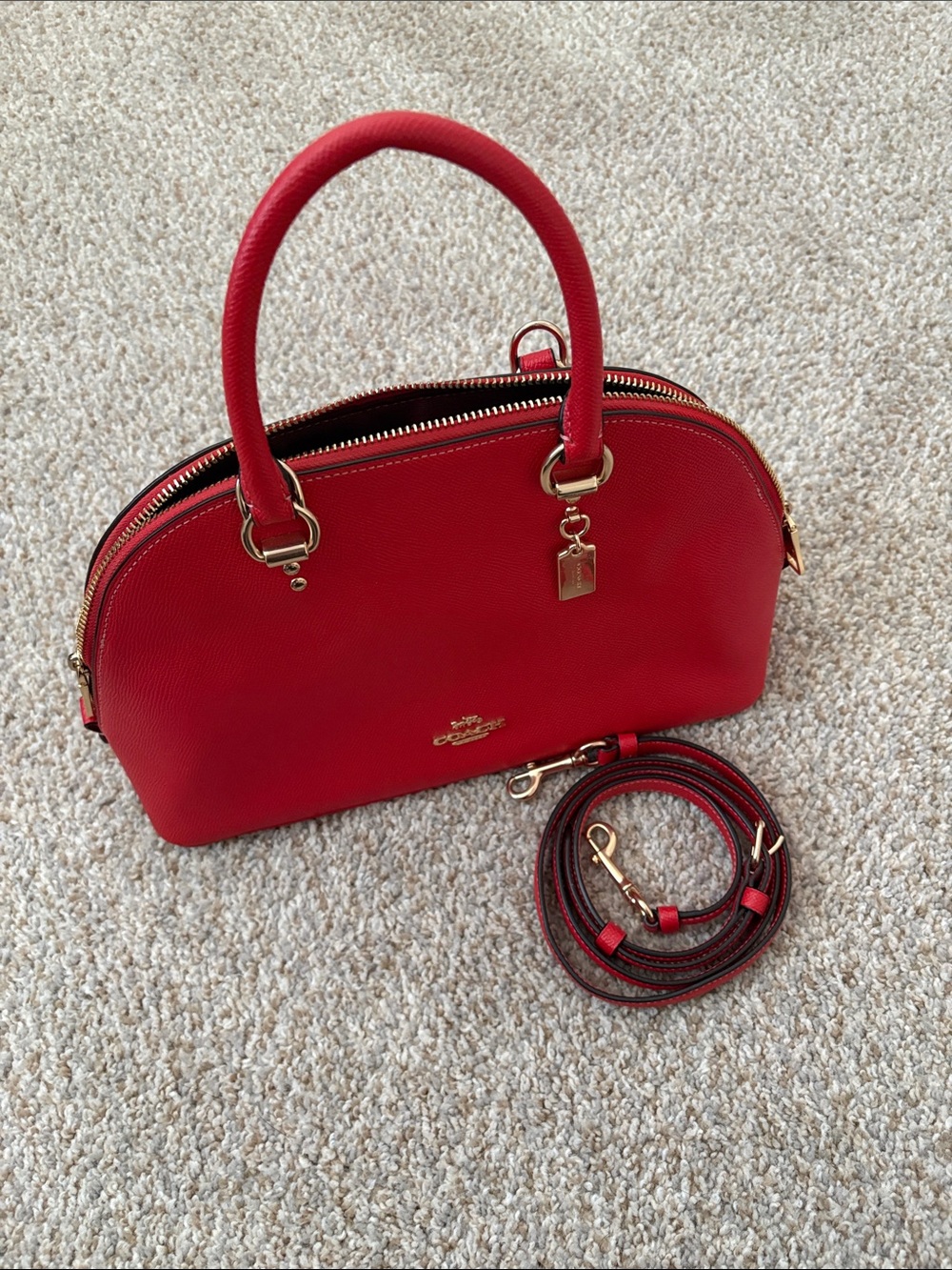 Coach Lillie Carryall in True Red Crossgrain Leather Satchel Gold Hardware